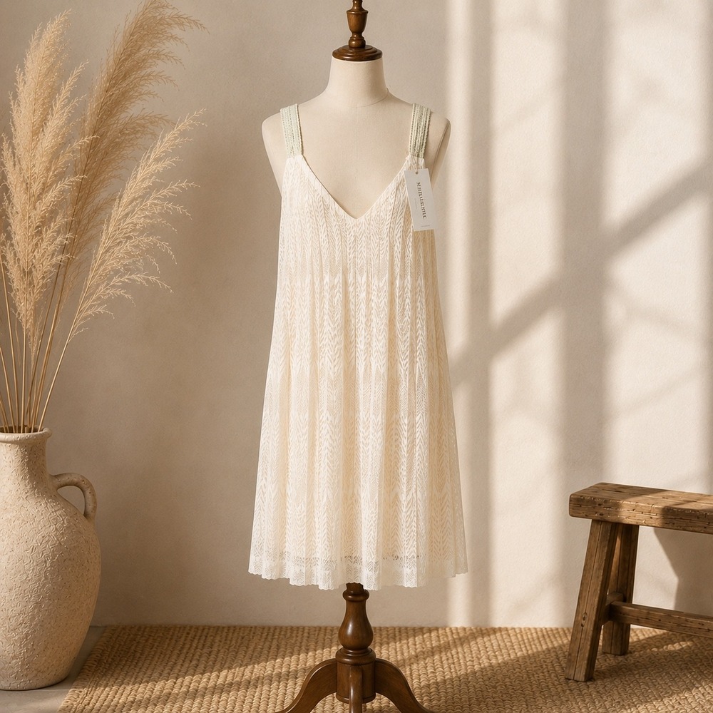 Anthro Meadow Rue NWT 14 Gatsby Ivory Pleated Ethereal Flapper Midi Dress Bridal